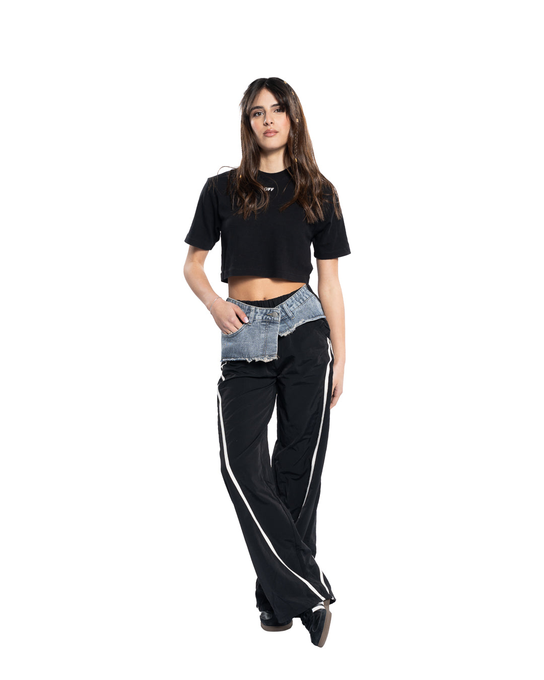 Pantalone stiloso con inserto in denim
