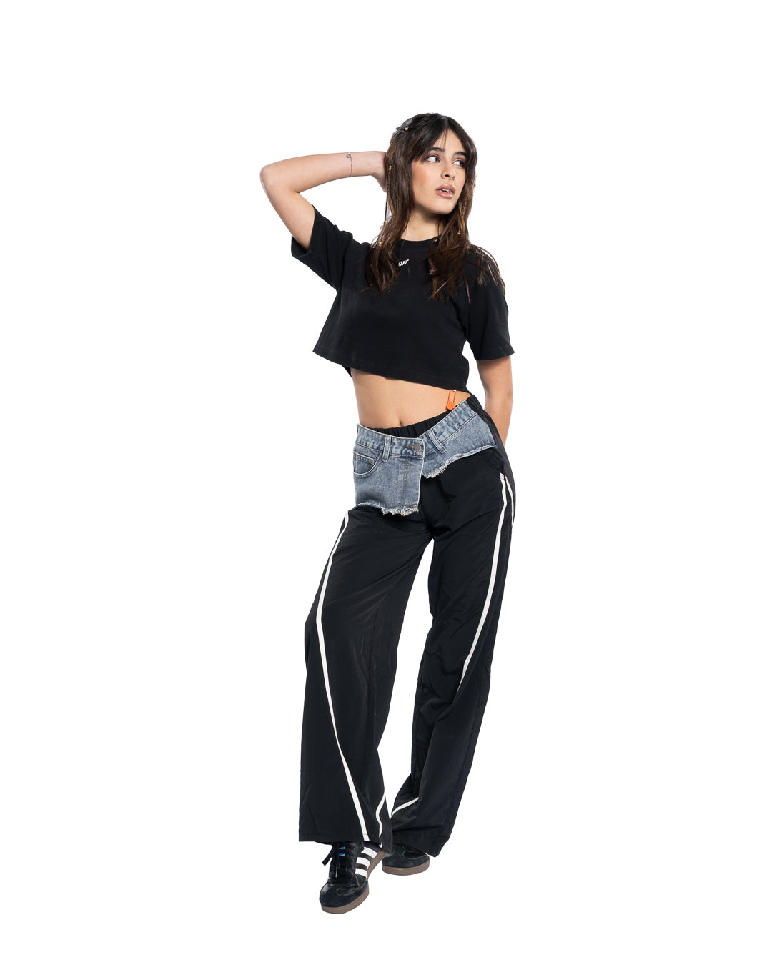 Pantalone stiloso con inserto in denim