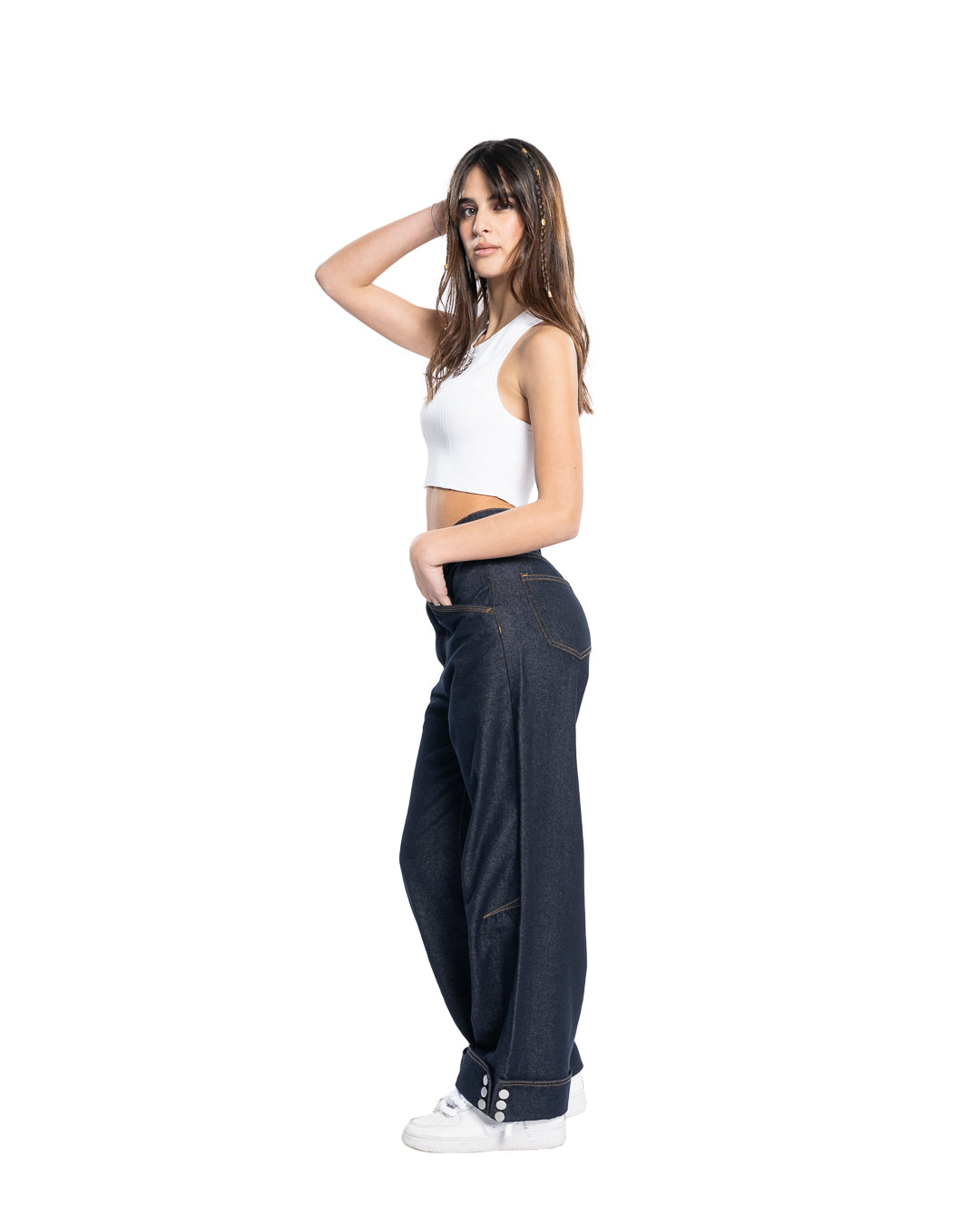 Denim Wide-Leg con Bottoni alla Caviglia