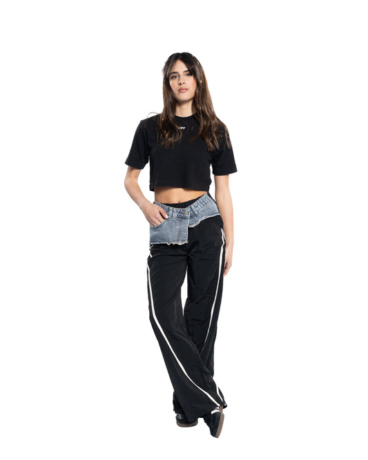 Pantalone stiloso con inserto in denim