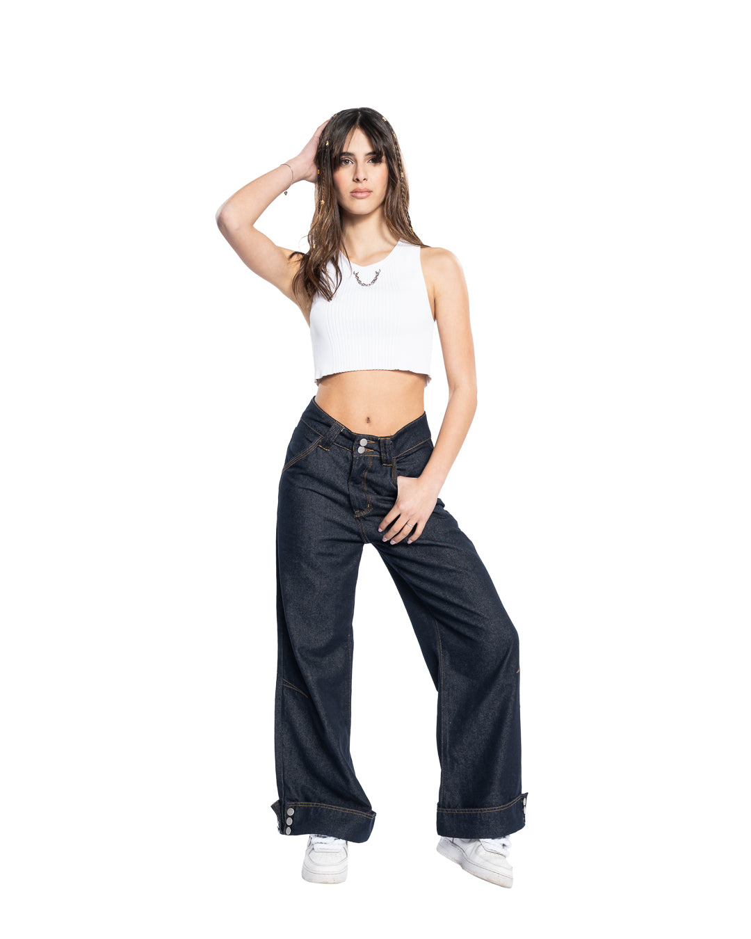 Denim Wide-Leg con Bottoni alla Caviglia