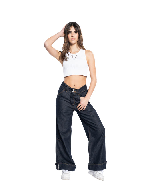 Denim Wide-Leg con Bottoni alla Caviglia
