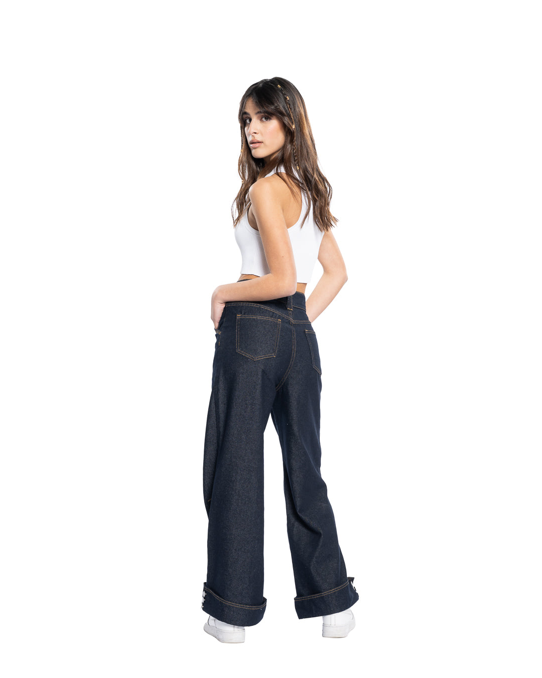 Denim Wide-Leg con Bottoni alla Caviglia