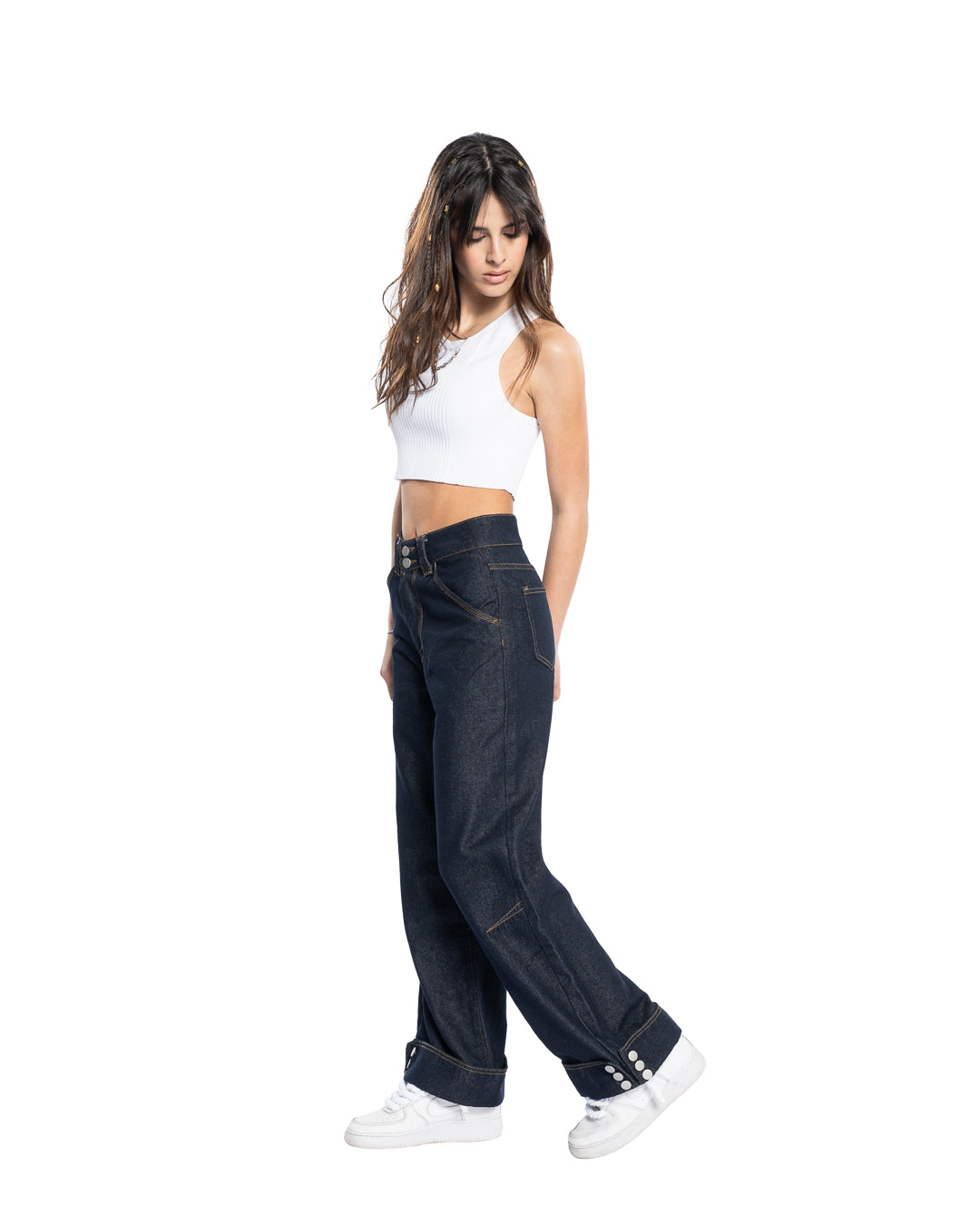 Denim Wide-Leg con Bottoni alla Caviglia